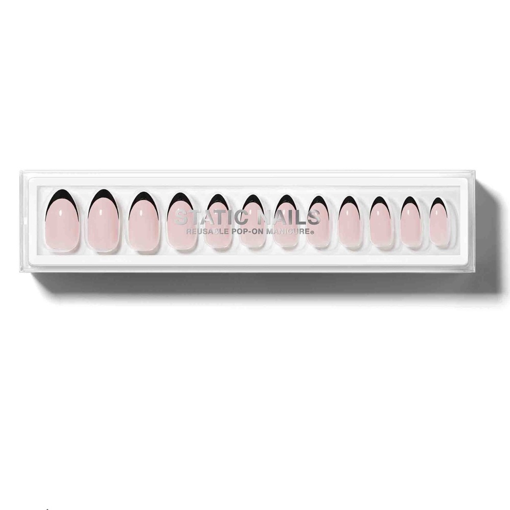 Static Almond Shaped Black French Nails Reusable Pop-On Manicures